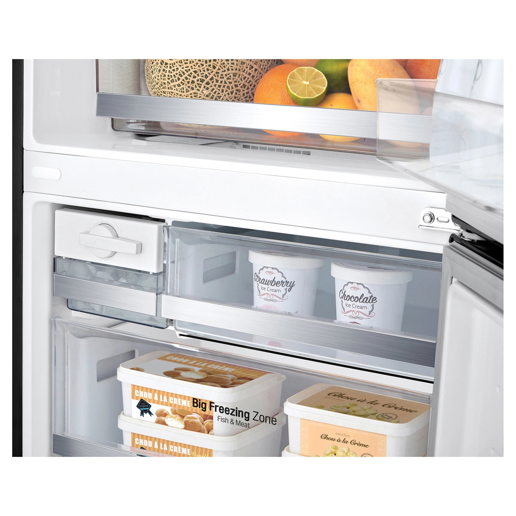 LG 420L Bottom Mount Fridge with Water Dispenser GBW455MBL, Big Freezing Zone View With Storages 