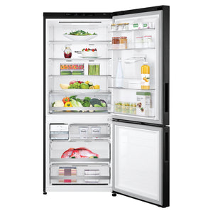 LG 420L Bottom Mount Fridge with Water Dispenser GBW455MBL, Front View With Door Open View With Storages