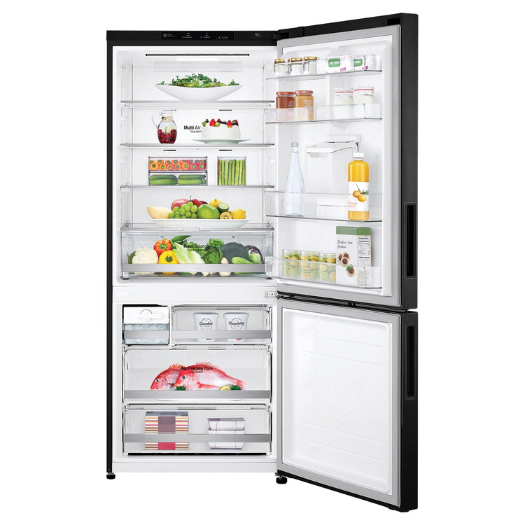 LG 420L Bottom Mount Fridge with Water Dispenser GBW455MBL, Front View With Door Open View With Storages