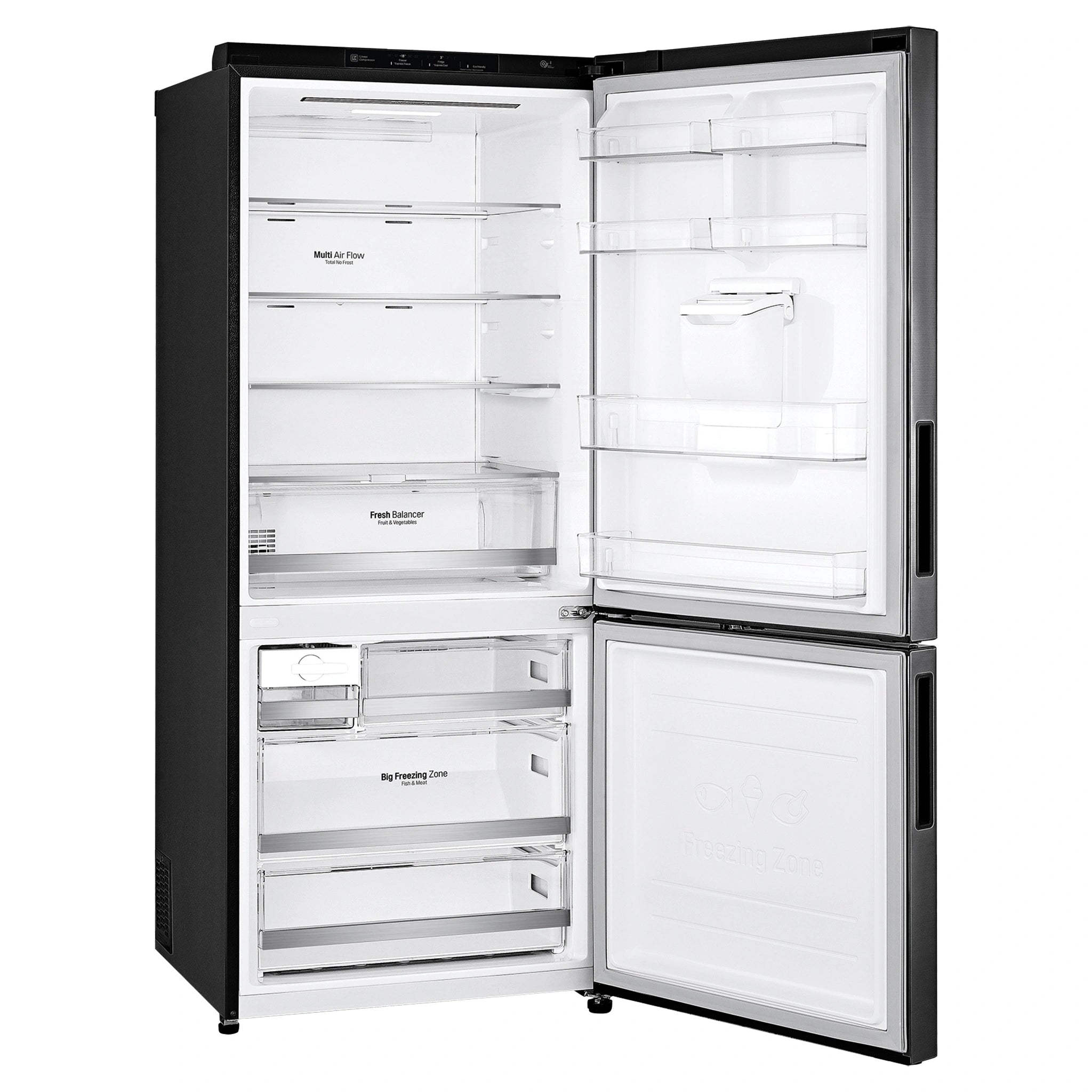 LG 420L Bottom Mount Fridge with Water Dispenser GBW455MBL, Right Side Door Open View