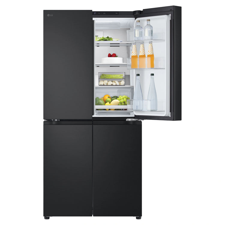 LG 530L French Door Refrigerator – GFB505MBL, Front Upper Left Side Door Open View With Storages