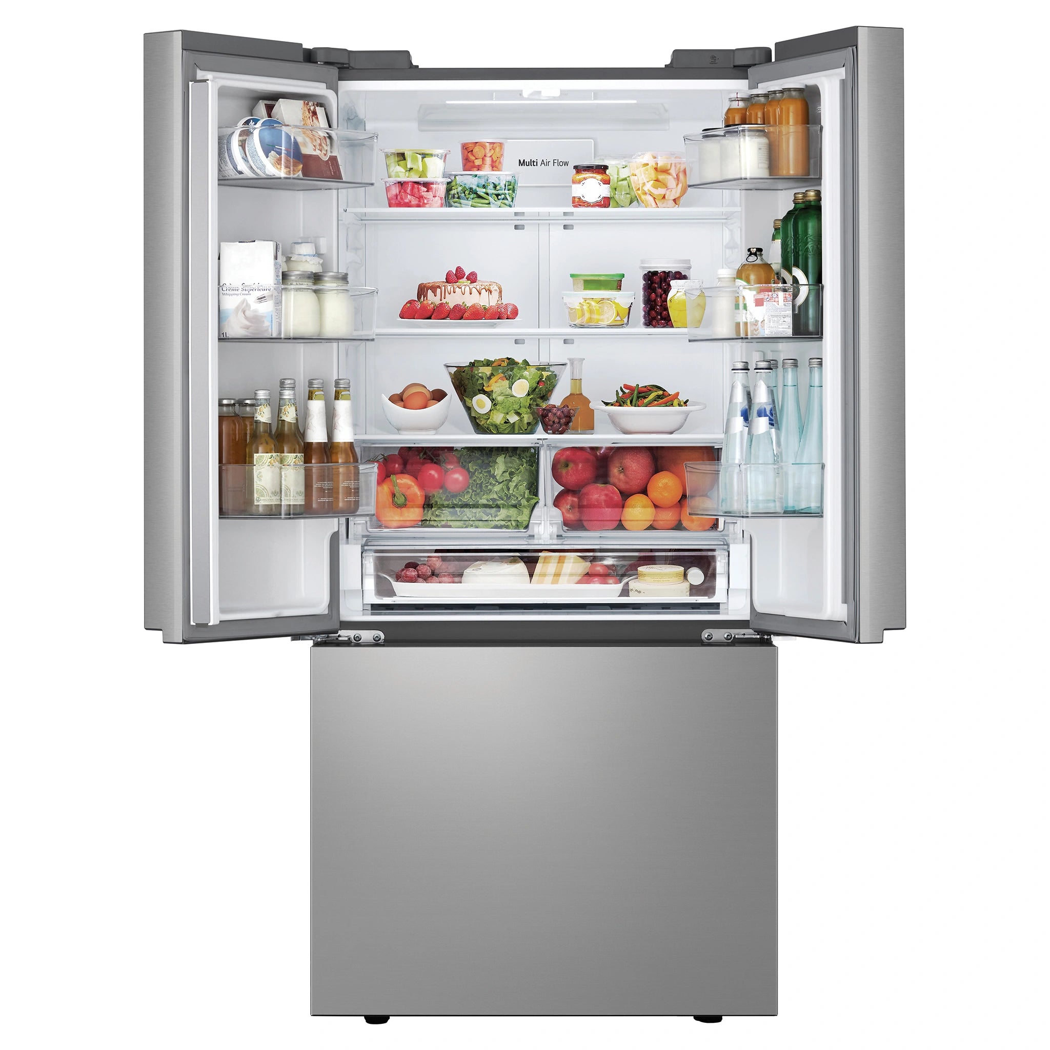 LG 589L Stainless Steel French Door Fridge GFB589PLE, Front View With Upper Double Door Open View With Storages
