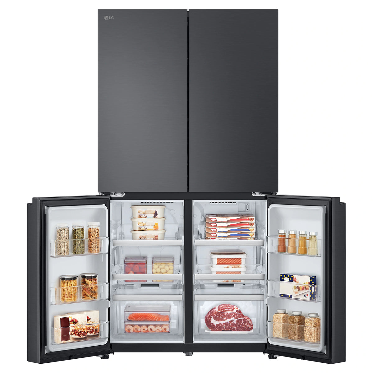 LG 665L French Door Fridge GFB705MBL, Front Bottom Double Door Open View Storage