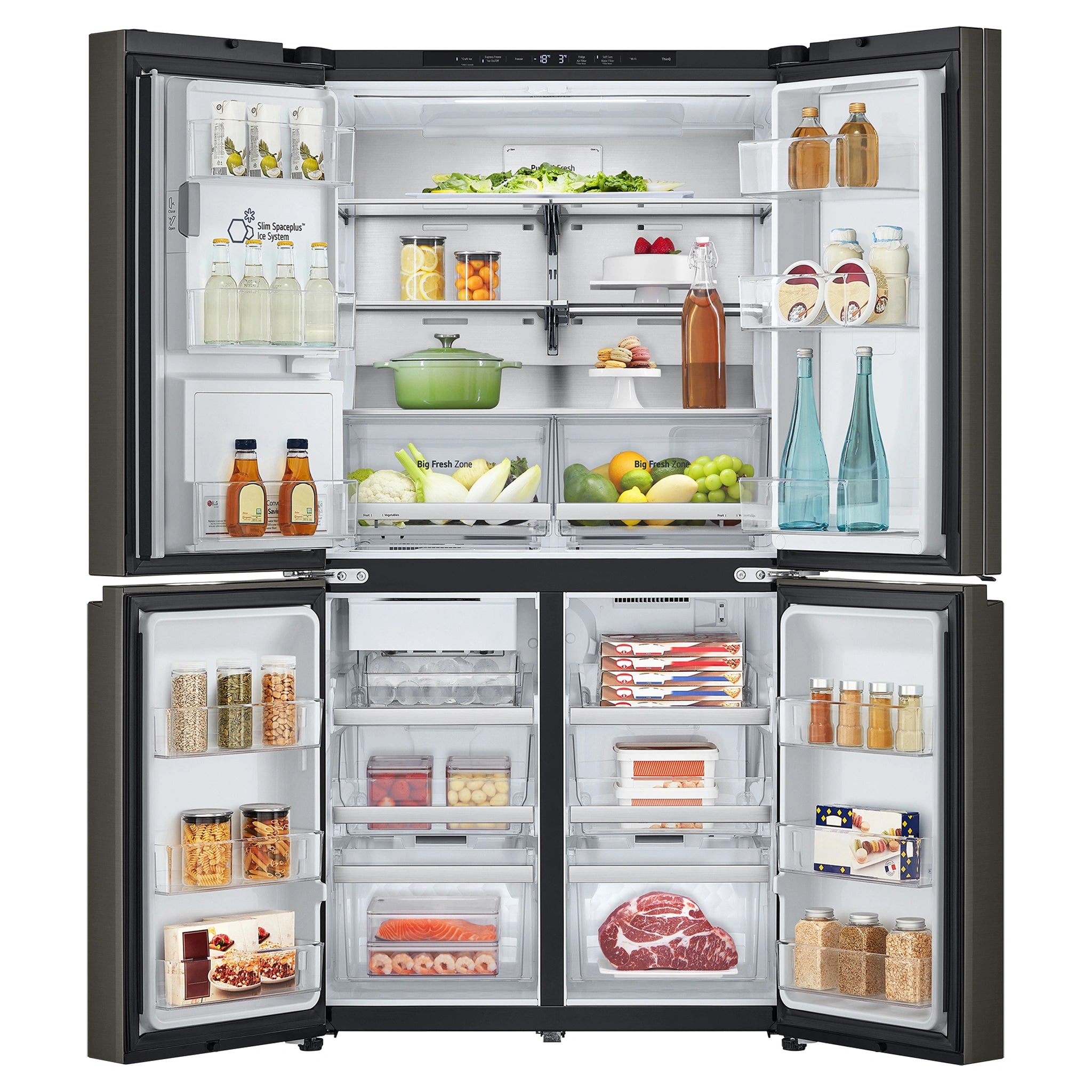 LG 687L Black Side By Side Refrigerator GFD700BSLC, Front View With Double Door Open View With Sorages