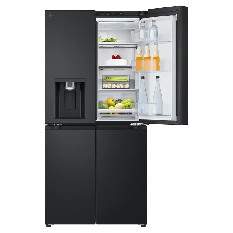 LG 500L Metallic Black Side By Side Refrigerator GFL500MBL, Front Upper Right Side Door Open View With Storages