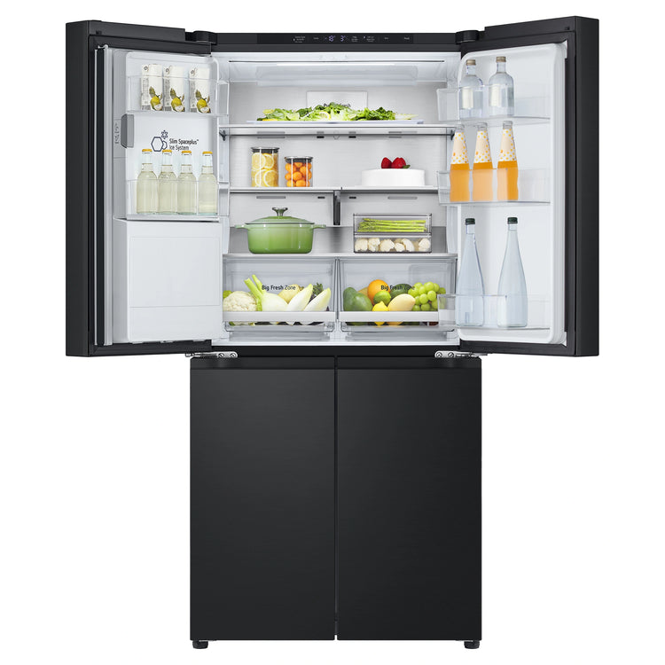 LG 500L Metallic Black Side By Side Refrigerator GFL500MBL, Front Upper Side Double Door Open View With Storages