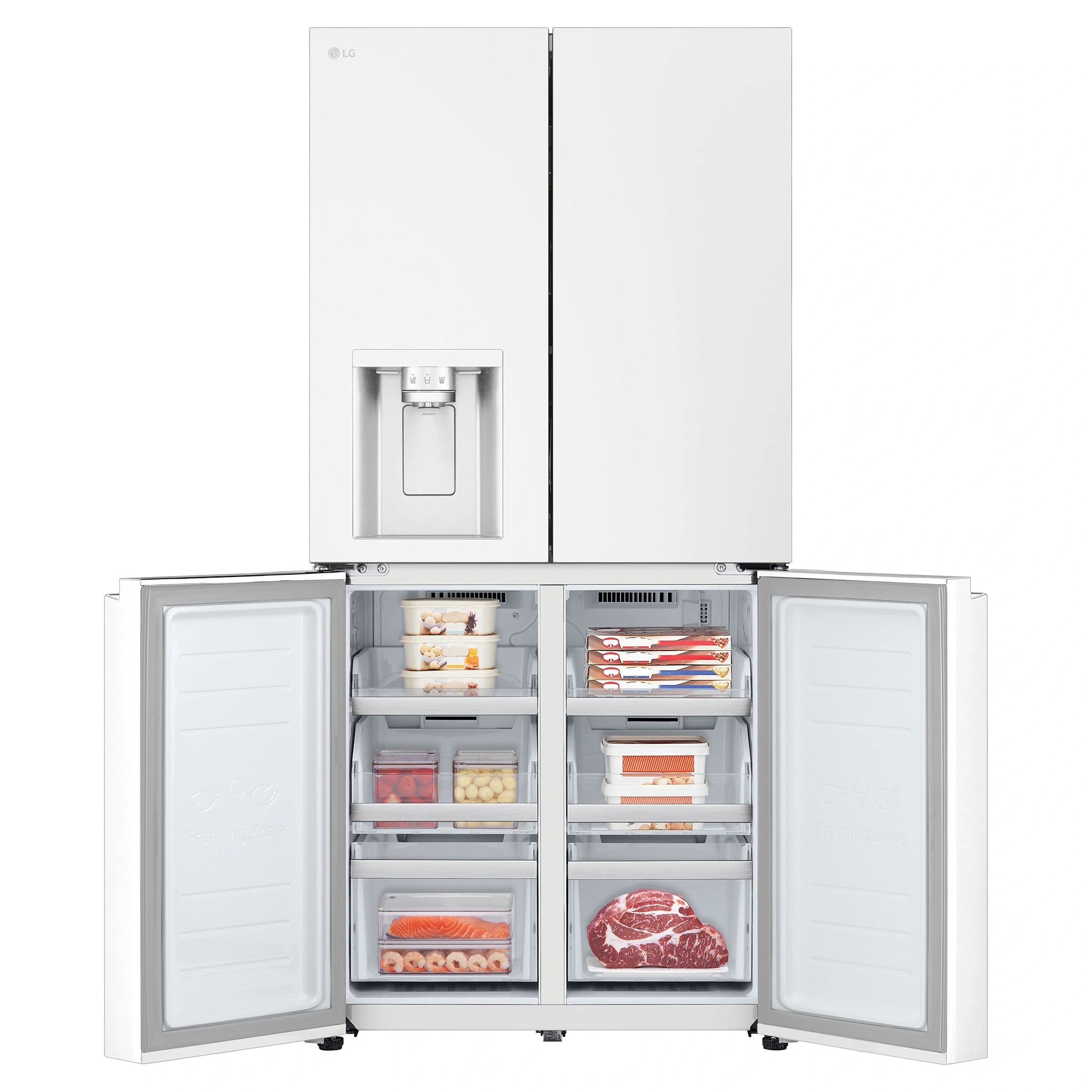 LG 500L White Side By Side Refrigerator GFL500MWH, Front View With Lower Side Double Door Open View With Storages