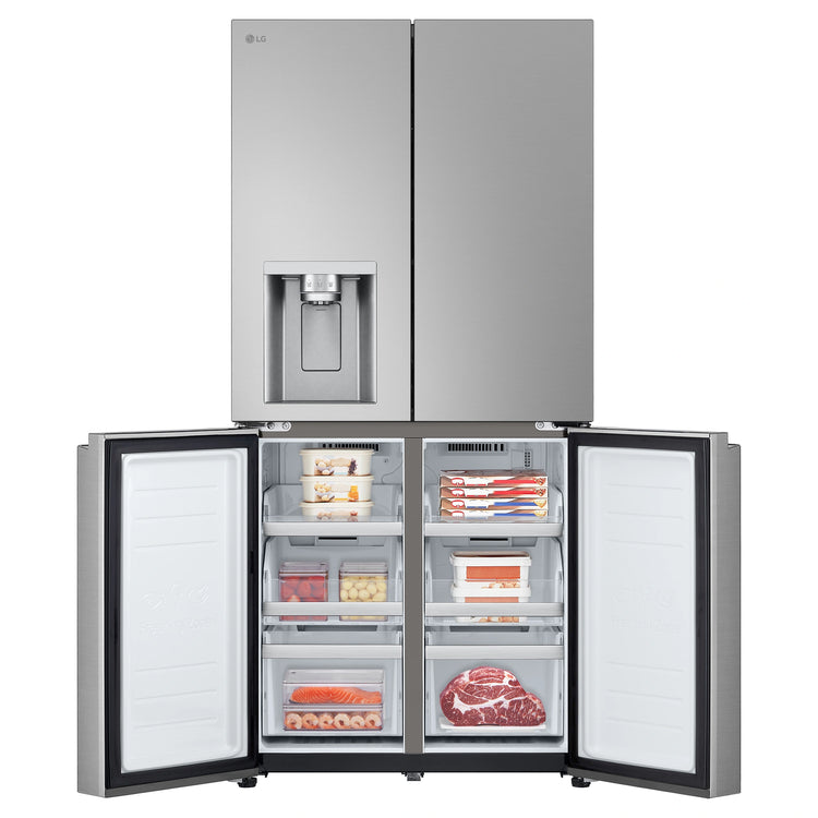 LG 506L Stainless Steel Side By Side Refrigerator GFL500PL, Front Bottom Side Double Door Open View With Storages