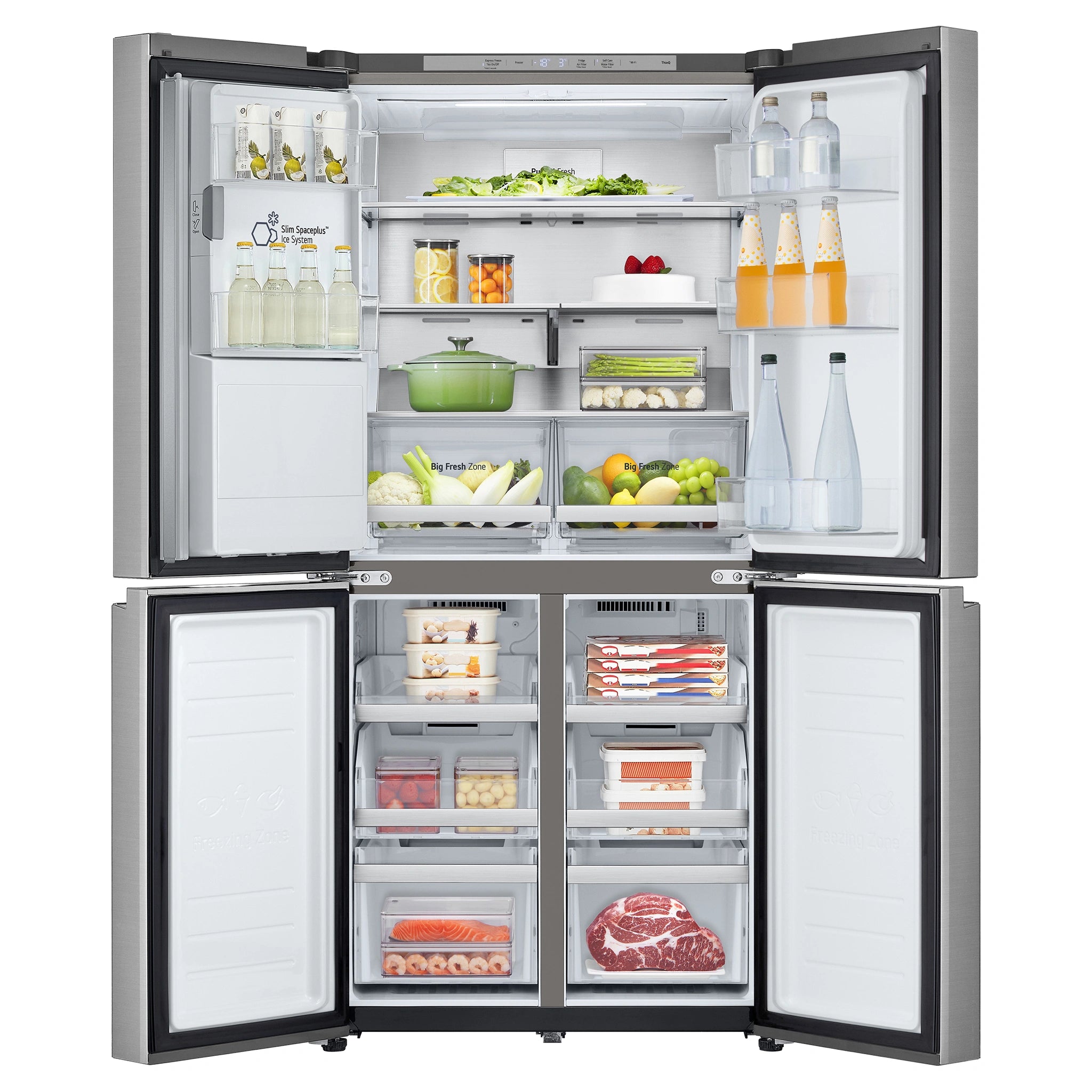 LG 506L Stainless Steel Side By Side Refrigerator GFL500PL, Front Double Door Open View With Storages