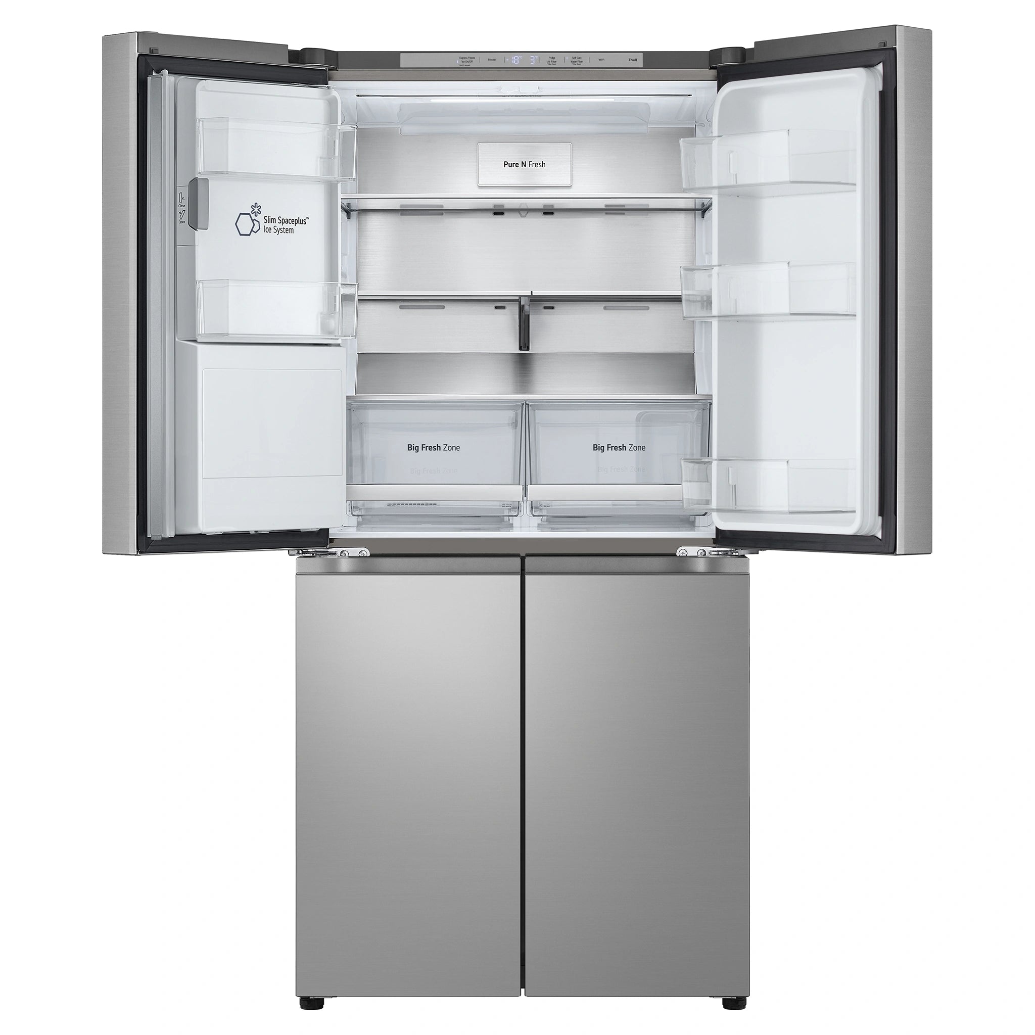 LG 506L Stainless Steel Side By Side Refrigerator GFL500PL, Front Top Side With Double Door Open View
