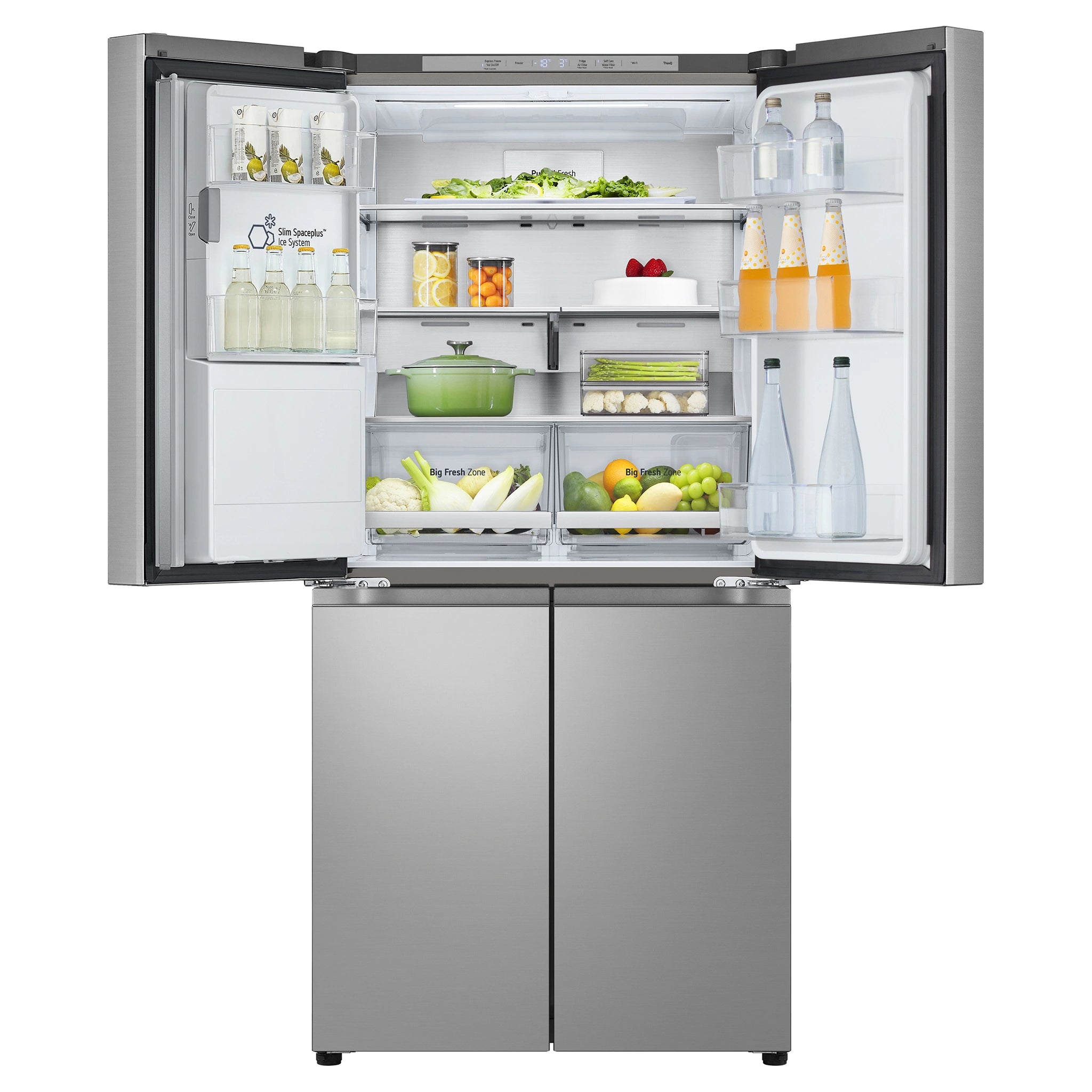 LG 506L Stainless Steel Side By Side Refrigerator GFL500PL, Front Top Side With Double Door Open View With Storages