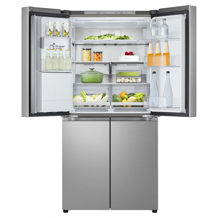 LG 506L Stainless Steel Side By Side Refrigerator GFL500PL, Front Top Side With Double Door Open View With Storages