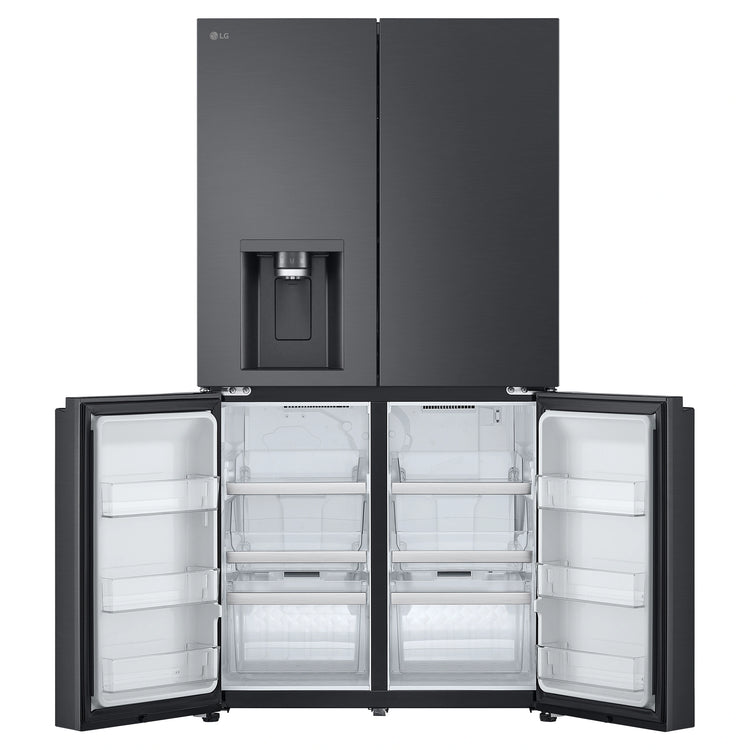 LG 637L Matte Black Side By Side Refrigerator GFL700MBL, Front Bottom Side With Double Door Open View 