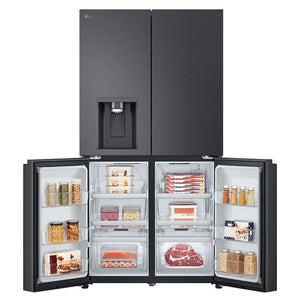 LG 637L Matte Black Side By Side Refrigerator GFL700MBL, Front Bottom Side With Double Door Open View With Storages