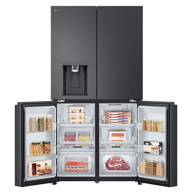 LG 637L Matte Black Side By Side Refrigerator GFL700MBL, Front Bottom Side With Double Door Open View With Storages