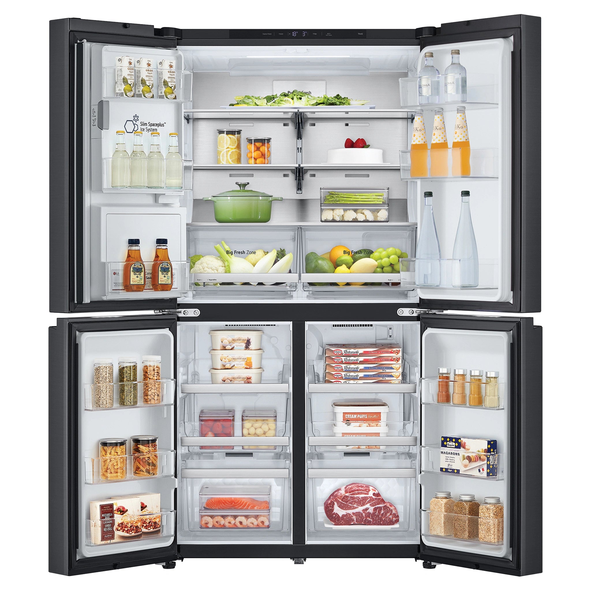LG 637L Matte Black Side By Side Refrigerator GFL700MBL, Front Double Door Open View With Storages