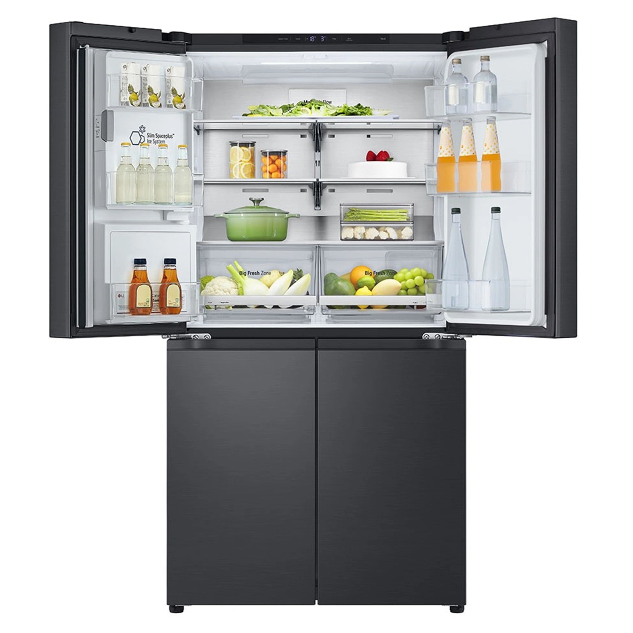 LG 637L Matte Black Side By Side Refrigerator GFL700MBL, Front Top Side With Double Door Open View With Storages
