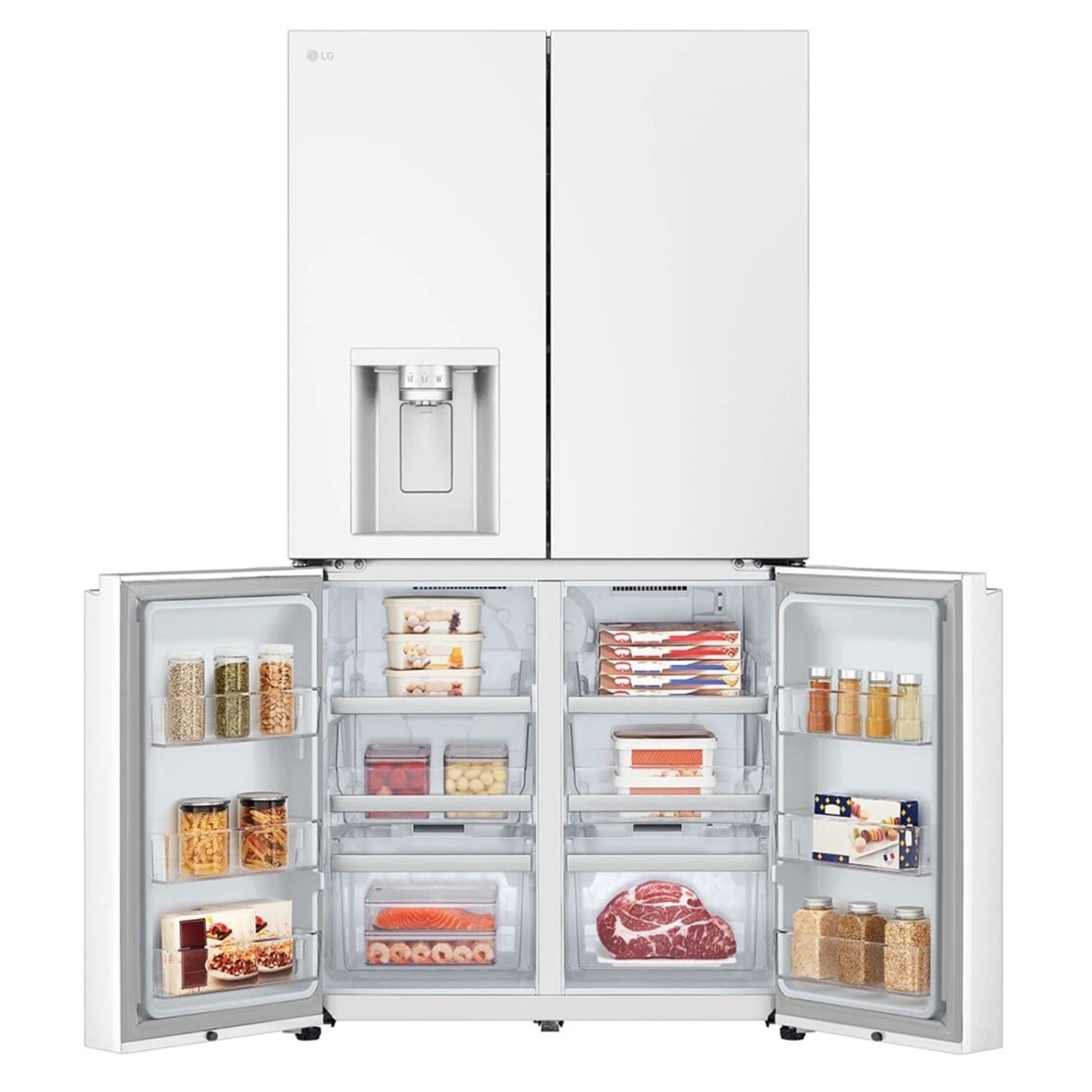LG 637L Matte White Side By Side Refrigerator GFL700MWH, Front Bottom Side Double Door Open View With Storages