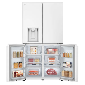 LG 637L Matte White Side By Side Refrigerator GFL700MWH, Front Bottom Side Double Door Open View With Storages
