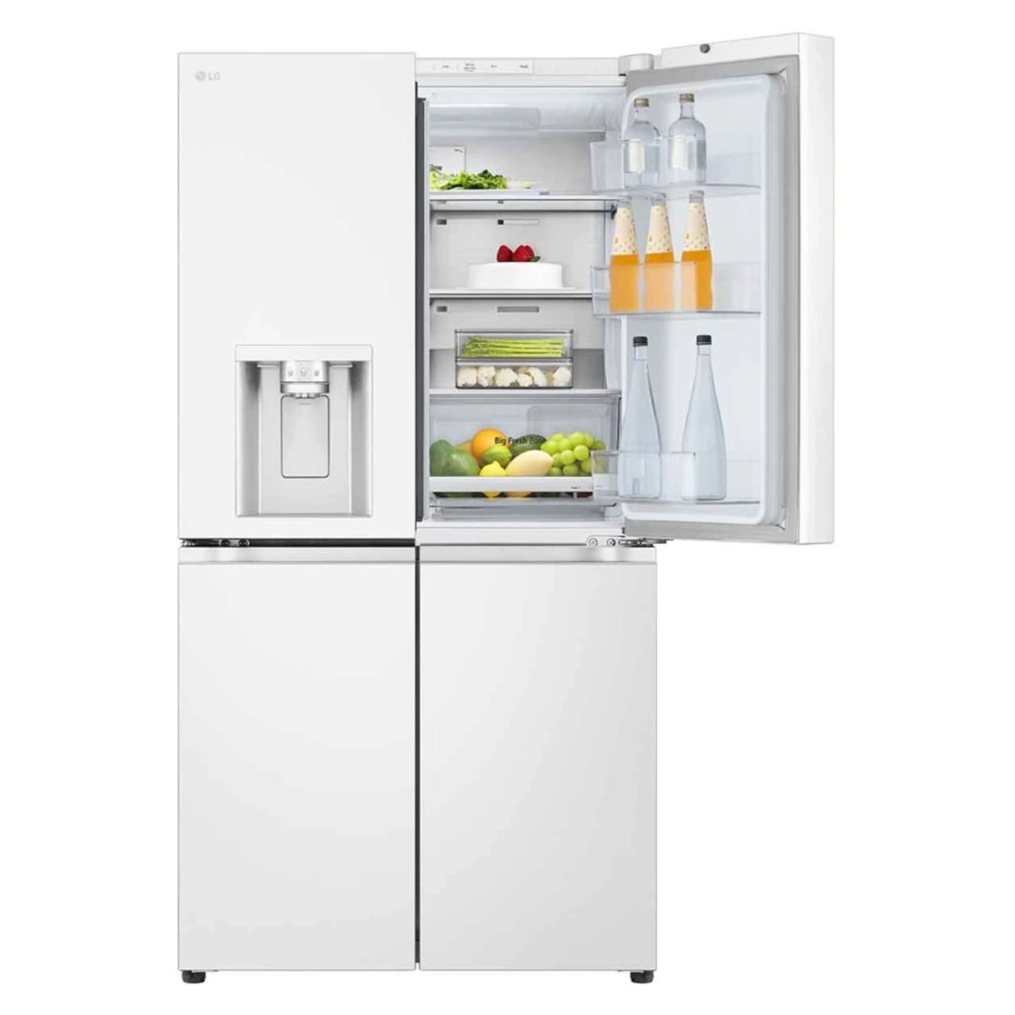 LG 637L Matte White Side By Side Refrigerator GFL700MWH, Front Top Right Side Door Open View With Storages