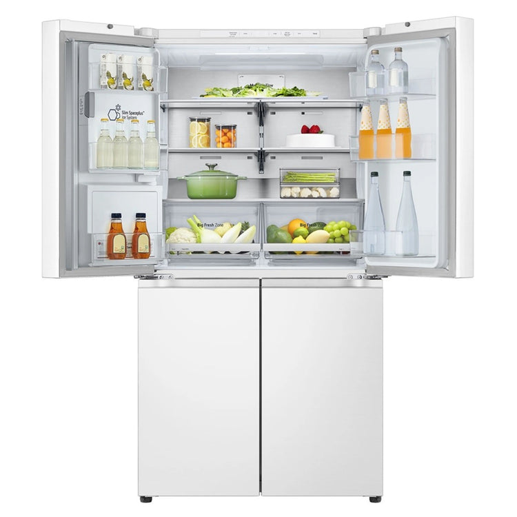 LG 637L Matte White Side By Side Refrigerator GFL700MWH, Front Top Side With Double Door Open View With Storages