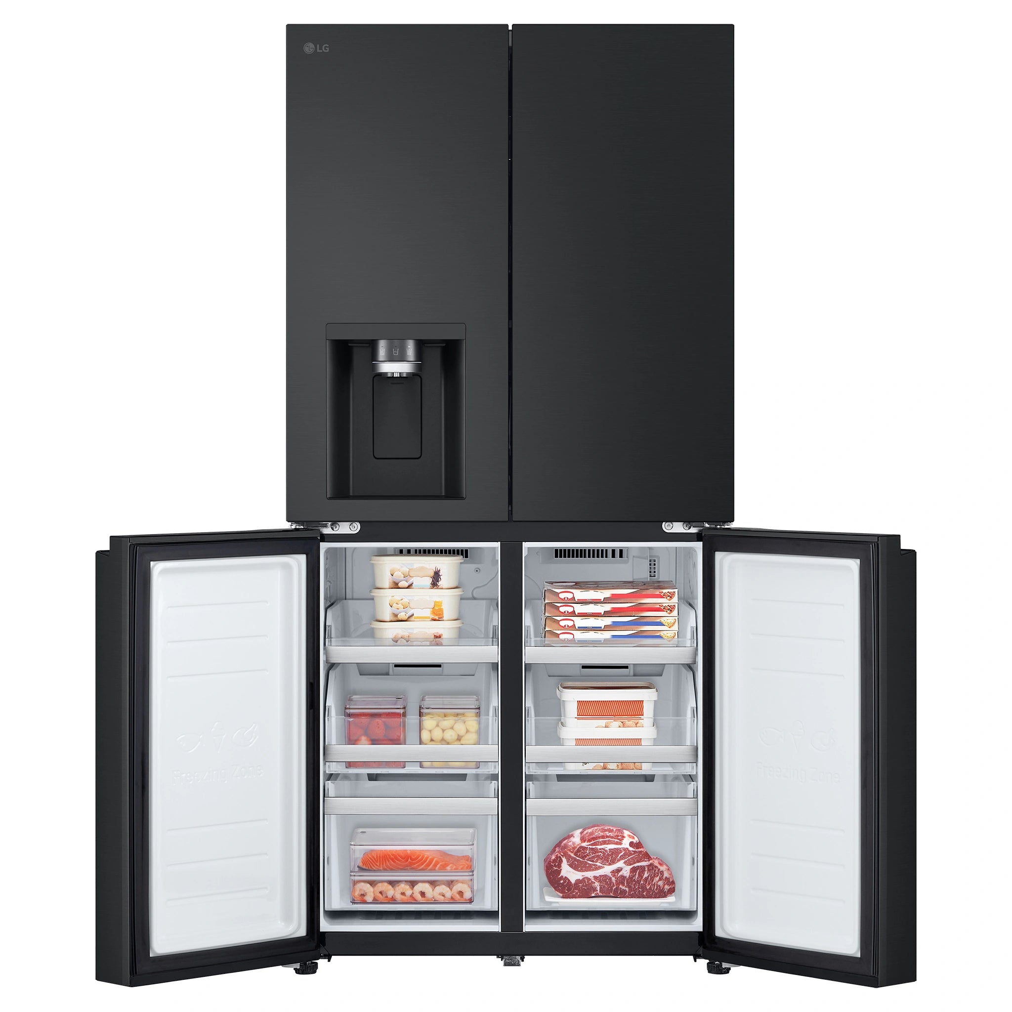 LG 506L Quad Door Fridge Matte Black GFLN500MBL, Front Bottom Double Door Open View Storages