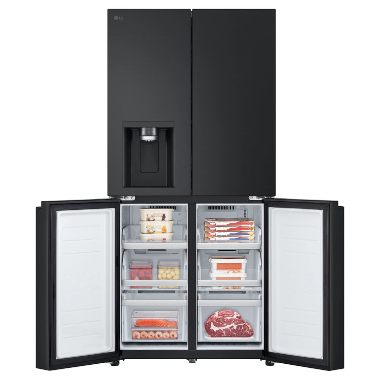 LG 506L Quad Door Fridge Matte Black GFLN500MBL, Front Bottom Double Door Open View Storages