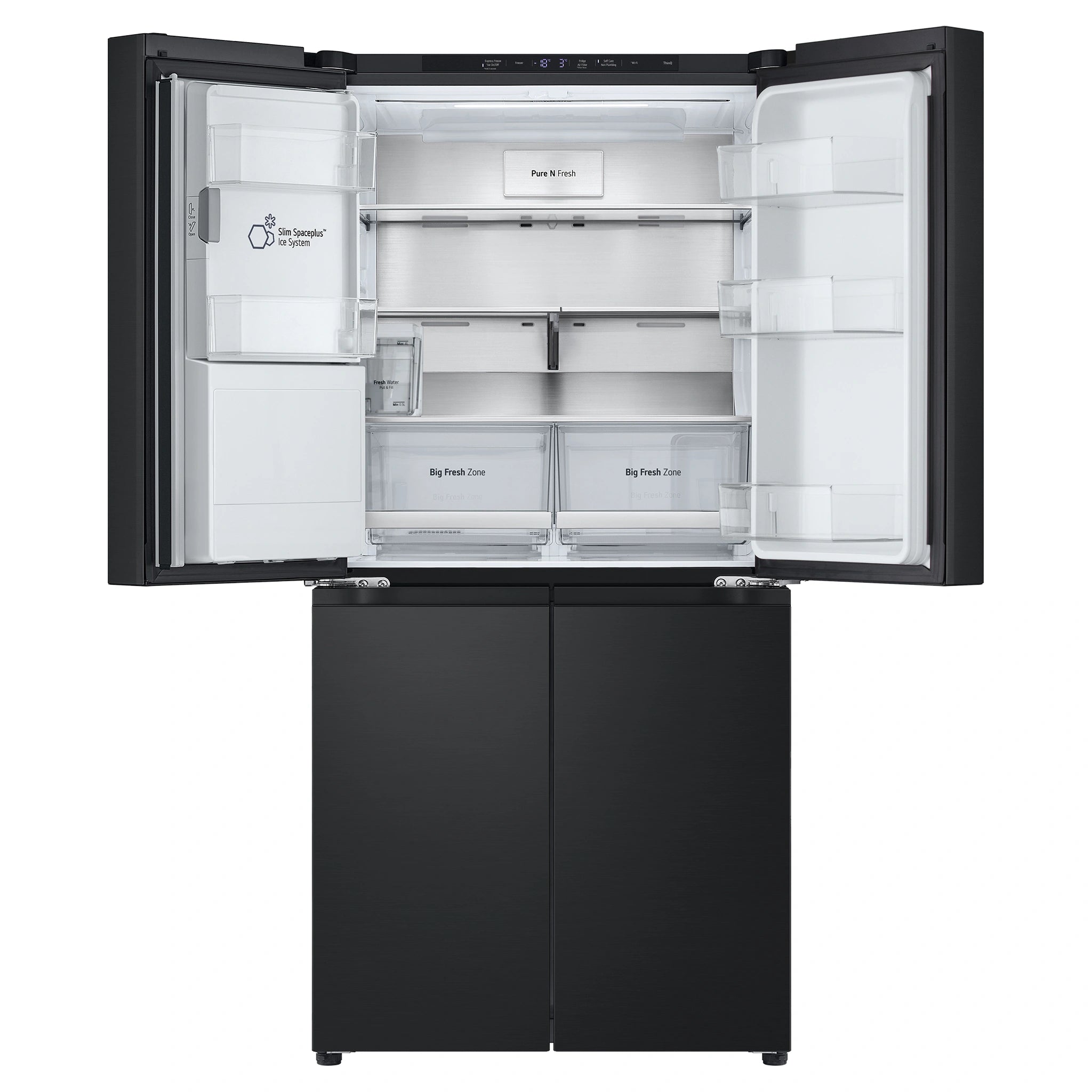 LG 506L Quad Door Fridge Matte Black GFLN500MBL, Front Top Double Door Open View
