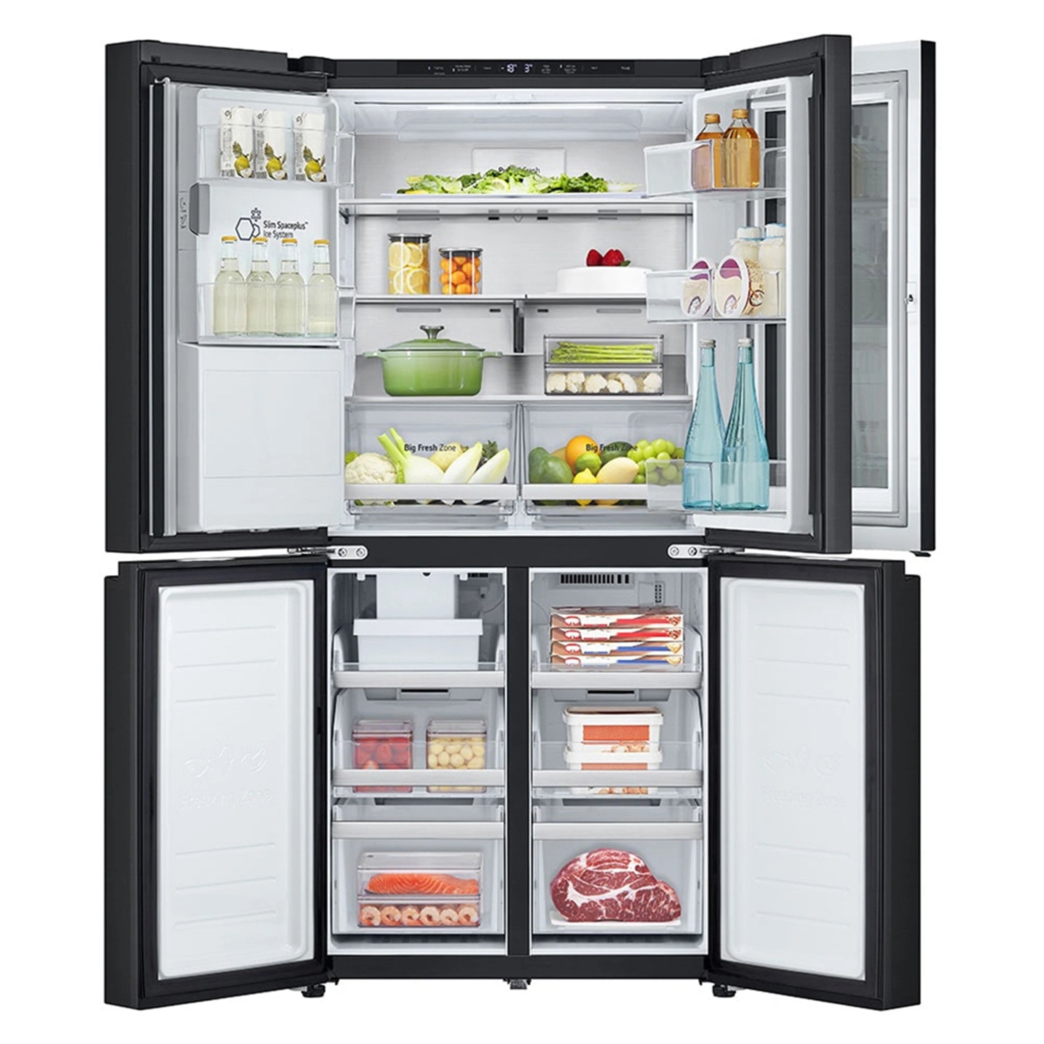 LG 508L Slim French Door Fridge with InstaView GFV500MBLC, Front Double Door Open View Storages
