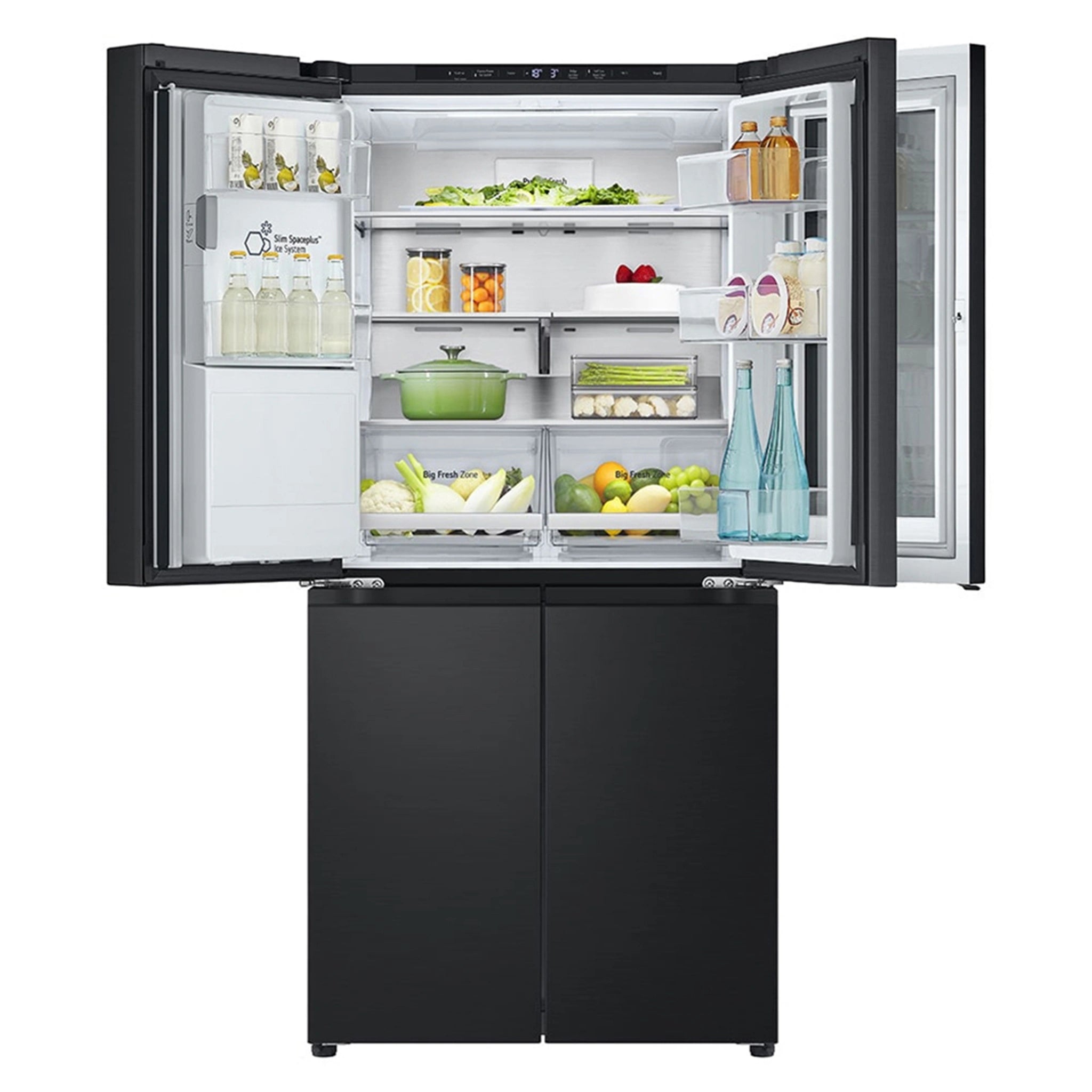 LG 508L Slim French Door Fridge with InstaView GFV500MBLC, Front Top Double Door Open View Storages 2