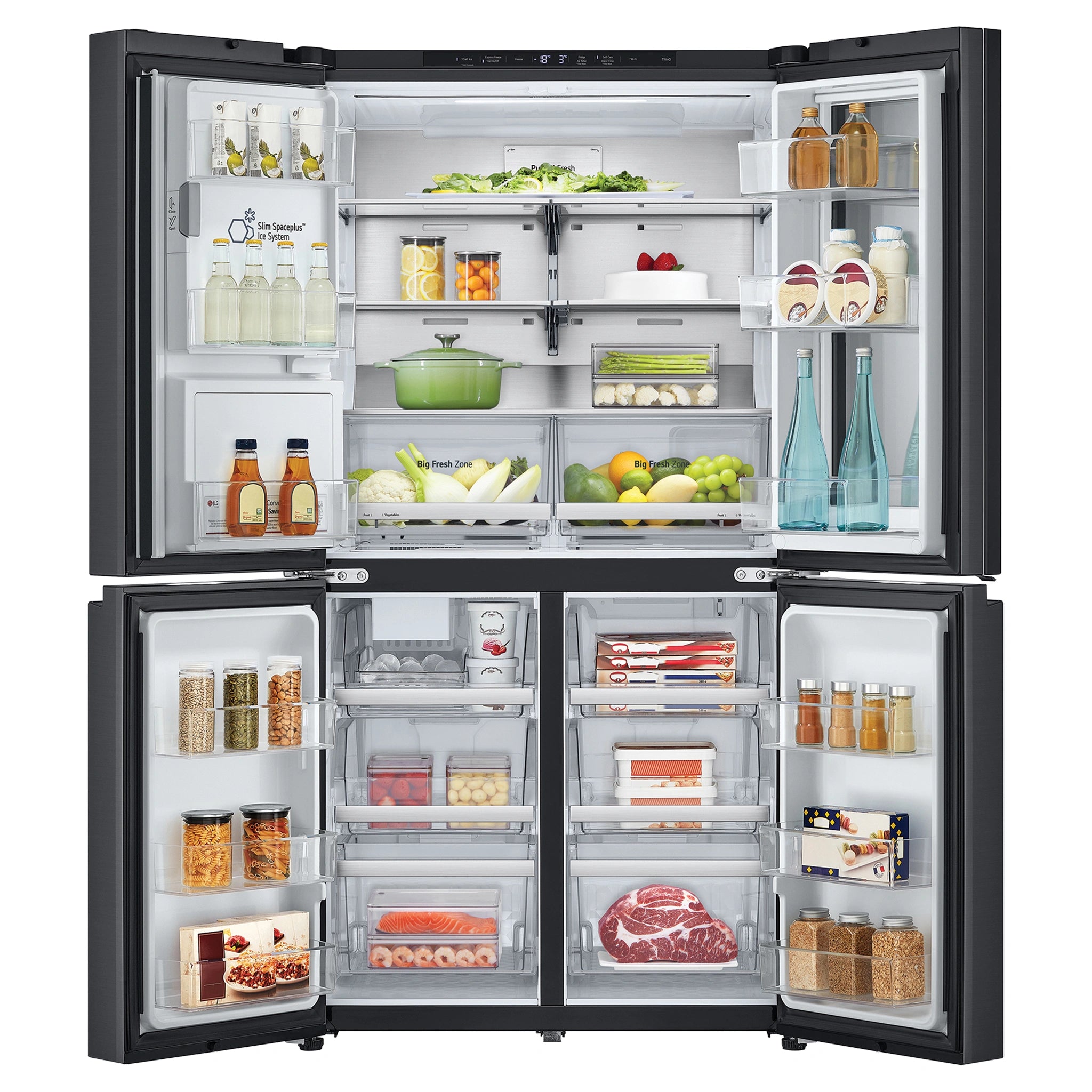 LG 847L French Door Fridge with InstaView GFV900MBLC, Front View With Double Door Open View With Storages