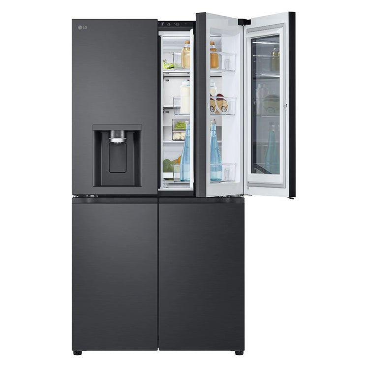 LG 847L French Door Fridge with InstaView GFV900MBLC, Front View With Top Right Side Door Open View With Storages