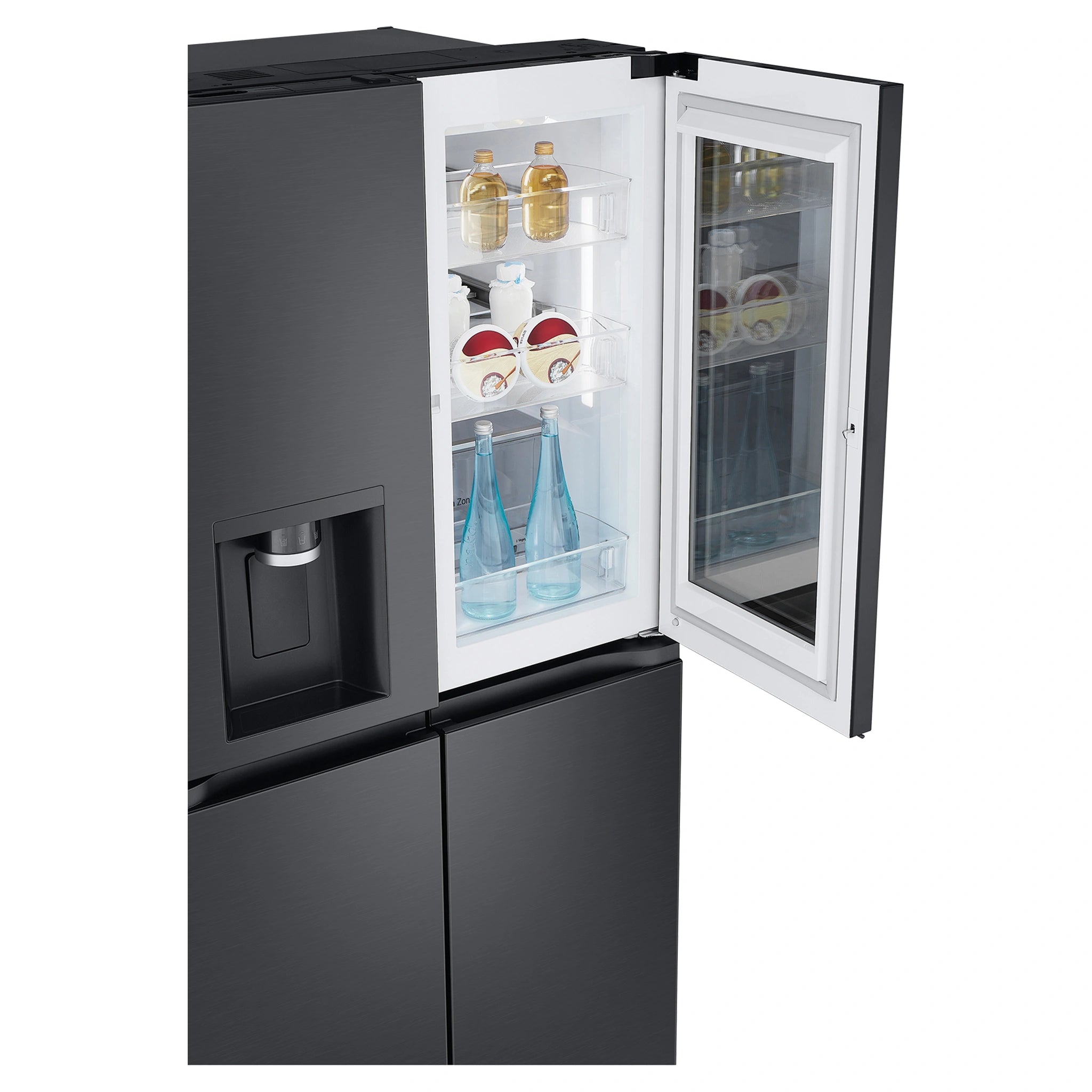 LG 847L French Door Fridge with InstaView GFV900MBLC, Top Right Side Door Open View With Storages