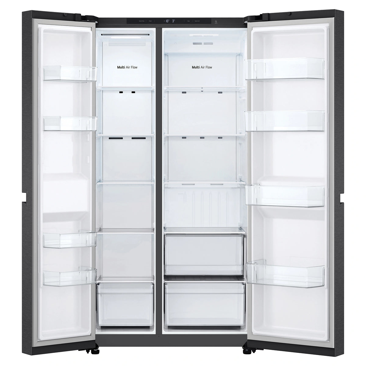 LG 664L Matte Black Side by Side Fridge Freezer GSB599MBL, Front Double Door Open View