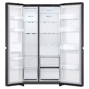 LG 664L Matte Black Side by Side Fridge Freezer GSB599MBL, Front Double Door Open View