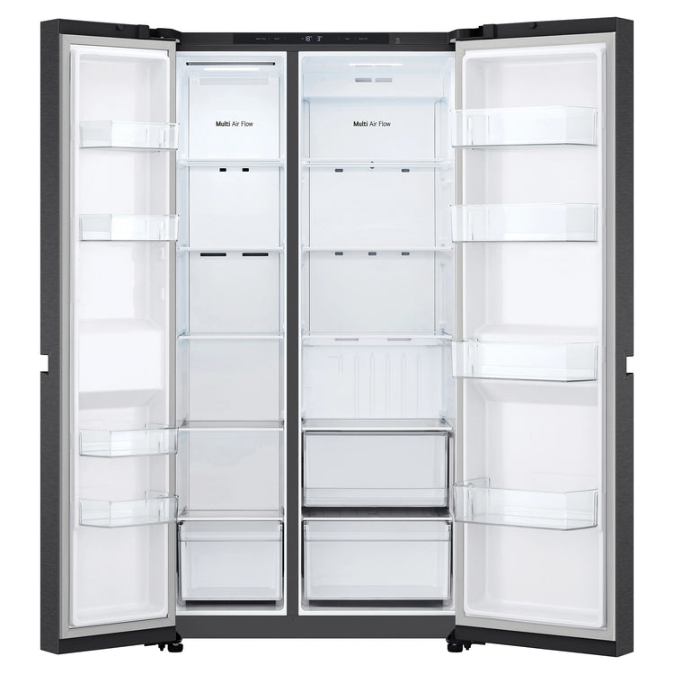 LG 664L Matte Black Side by Side Fridge Freezer GSB599MBL, Front Double Door Open View