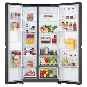 LG 664L Matte Black Side by Side Fridge Freezer GSB599MBL, Front Double Door Open View Storage