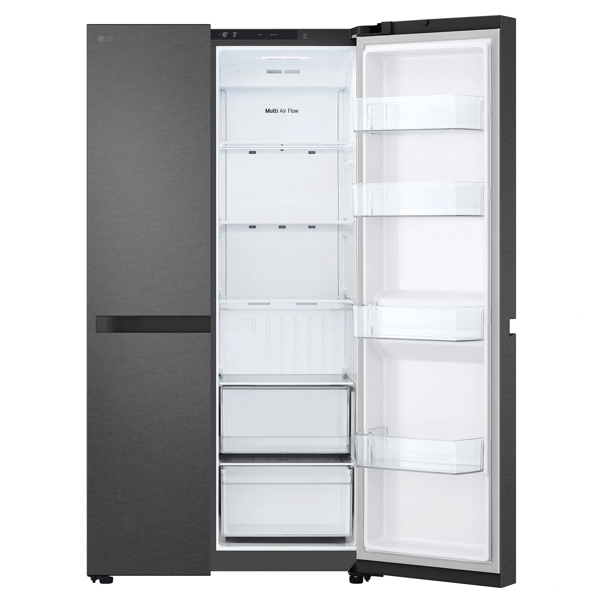 LG 664L Matte Black Side by Side Fridge Freezer GSB599MBL, Front Right Side Door Open View