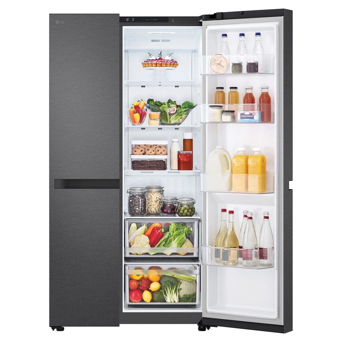 LG 664L Matte Black Side by Side Fridge Freezer GSB599MBL, Front Right Side Door Open View Storage