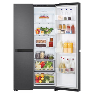 LG 664L Matte Black Side by Side Fridge Freezer GSB599MBL, Front Right Side Door Open View Storage