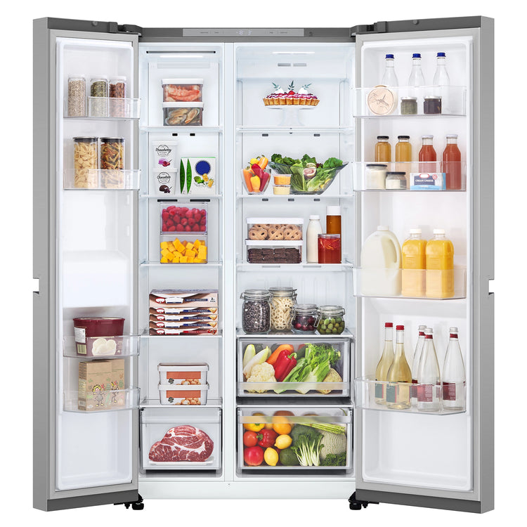 LG 664L Stainless Steel Side by Side Fridge Freezer GSB599PL, Front Double Door Open View Storage