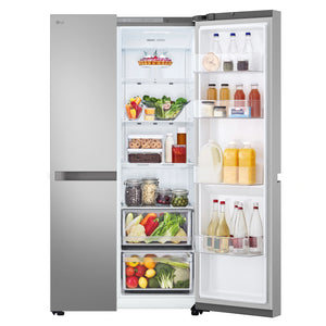 LG 664L Stainless Steel Side by Side Fridge Freezer GSB599PL, Front Right Side Door Open View Storage
