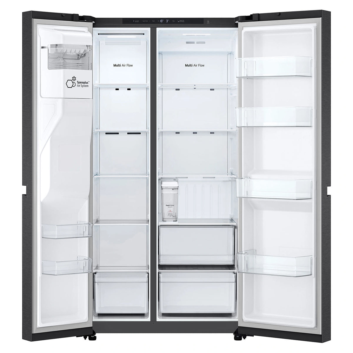 LG 641L Black Side by Side Fridge - Non-Plumbed Ice/Water Dispenser GSN599MBL, Front Double Door Open View