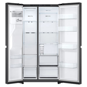LG 641L Black Side by Side Fridge - Non-Plumbed Ice/Water Dispenser GSN599MBL, Front Double Door Open View