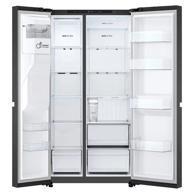 LG 641L Black Side by Side Fridge - Non-Plumbed Ice/Water Dispenser GSN599MBL, Front Double Door Open View