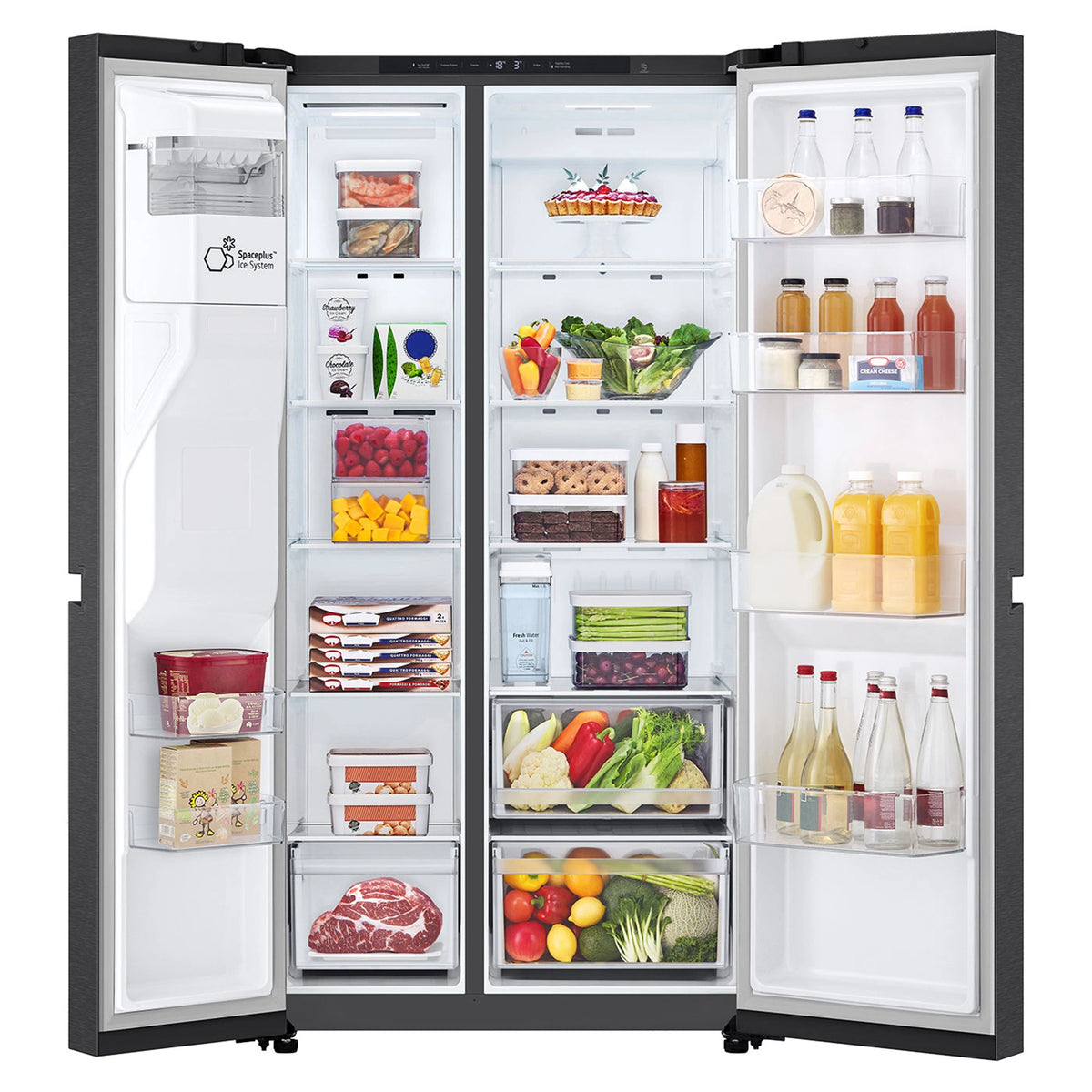 LG 641L Black Side by Side Fridge - Non-Plumbed Ice/Water Dispenser GSN599MBL, Front Double Door Open View Storages