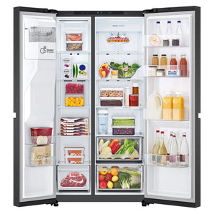 LG 641L Black Side by Side Fridge - Non-Plumbed Ice/Water Dispenser GSN599MBL, Front Double Door Open View Storages