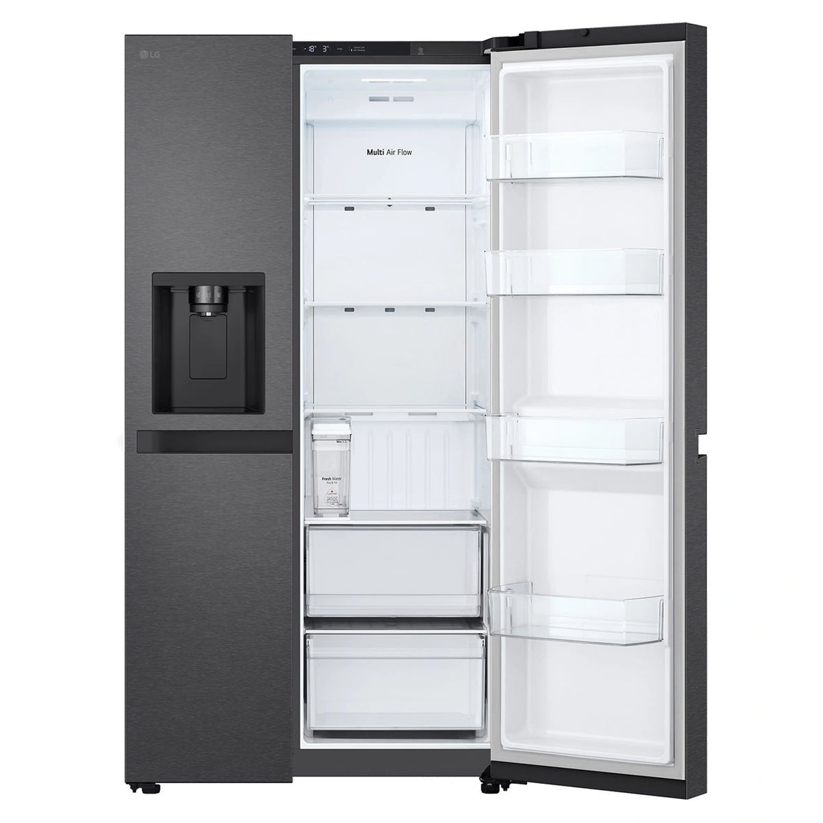 LG 641L Black Side by Side Fridge - Non-Plumbed Ice/Water Dispenser GSN599MBL, Front Right Side Door Open View