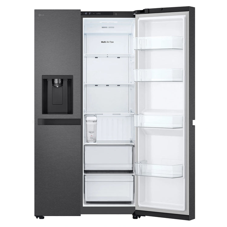 LG 641L Black Side by Side Fridge - Non-Plumbed Ice/Water Dispenser GSN599MBL, Front Right Side Door Open View