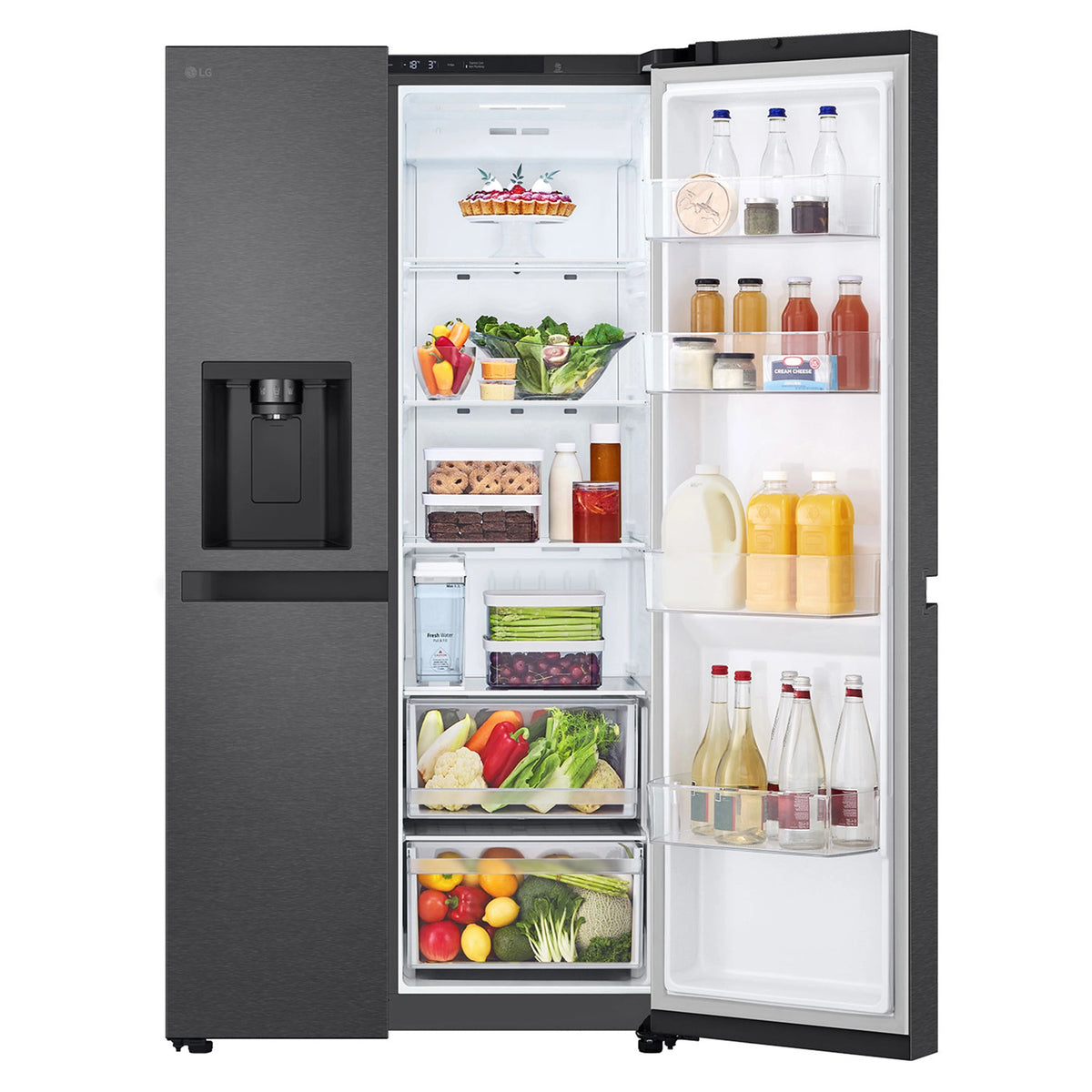 LG 641L Black Side by Side Fridge - Non-Plumbed Ice/Water Dispenser GSN599MBL, Front Right Side Door Open View Storages